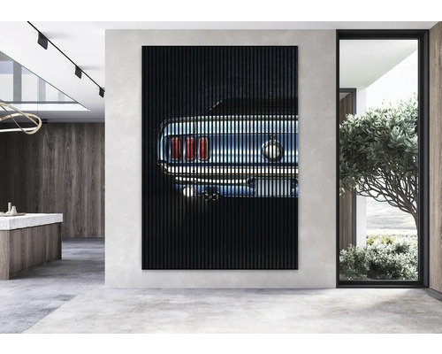 Akustikpaneel mit einem Automotiv-Motiv in einem modern eingerichteten Raum.