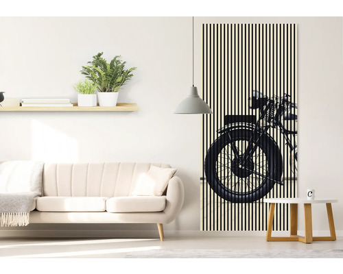 Wohnzimmer mit Sofa, Regal und Türposter mit Motorrad-Motiv