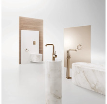 Badezimmerausstattung mit Waschbecken, Armatur und Accessoires auf Marmorsockeln