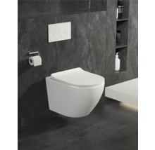 Wandhängendes WC mit Betätigungsplatte und Toilettenpapierhalter in einem modernen Badezimmer.