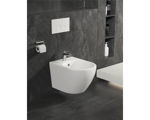 Wandbidet mit Armatur, Spültaste und Toilettenpapierhalter in modernem Badezimmer