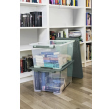 Zwei durchsichtige Aufbewahrungsboxen mit Deckel, gefüllt mit Büchern, vor einem Bücherregal.