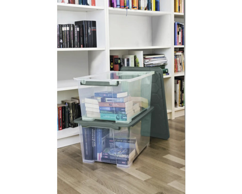 Zwei durchsichtige Aufbewahrungsboxen mit Deckel, gefüllt mit Büchern, vor einem Bücherregal.