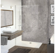 Badezimmer mit Dusche, Waschbecken und Spiegel in Grautönen