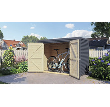 Offener Geräteschuppen aus Holz mit Fahrrädern im Garten