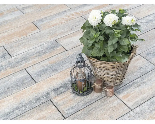 Verlegte Pflastersteine mit Pflanzendekoration im Garten
