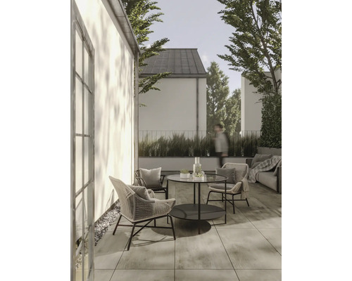 FLAIRSTONE Feinsteinzeug Terrassenplatte Wood Light Brown rektifizierte Kante 90 cm x 45 cm x 2 cm Terrasse mit Gartenmöbeln, Pflastersteinen und Bepflanzung