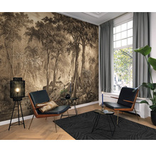 Wohnzimmer mit Waldtapete, Sesseln und Teppich