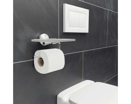 Toilettenpapierhalter mit Ablage und Spültaste an der Wand