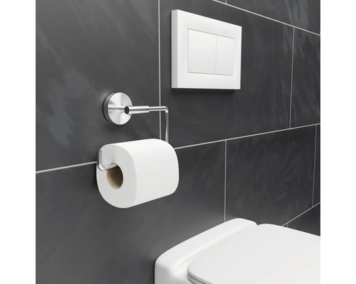 Toilettenpapierspender aus Metall, Toilettenspülung und Toilettenschüssel in einem Badezimmer