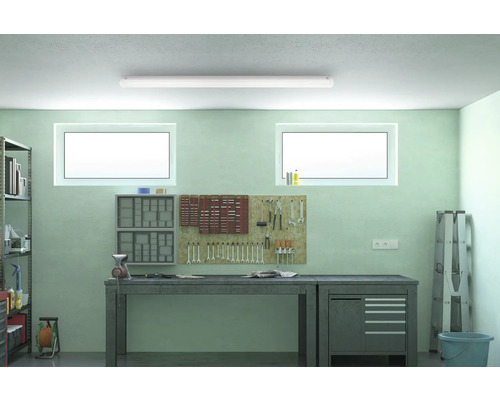 Werkstatt mit Werkbank, Werkzeugwand und Regalen unter einer Deckenleuchte.