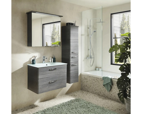 Badezimmer mit Waschtisch, Spiegelschrank, Hochschrank, Badewanne mit Duschabtrennung und Zimmerpflanze