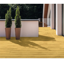 Holzterrasse mit Pflanzenkübeln und Holzschutzlasur