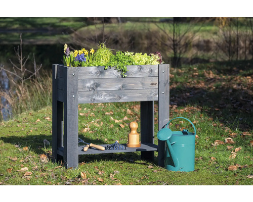 Hochbeet aus Holz mit Pflanzen, Gartengeräten und einer Gießkanne im Garten.