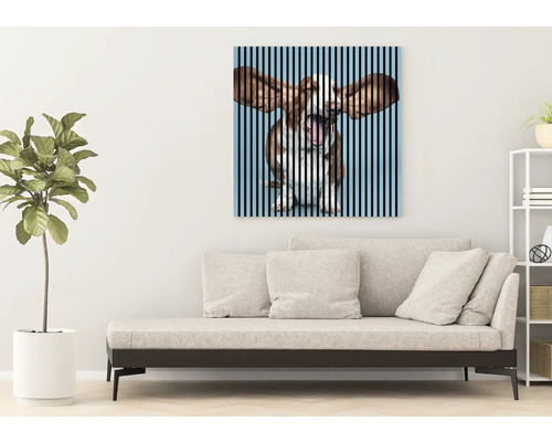 Wohnzimmer mit Sofa und einem Bild mit Hundemotiv