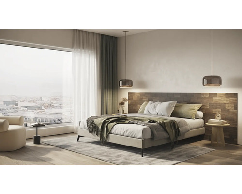 Modernes Schlafzimmer mit Bett, Nachttisch und Pendelleuchten