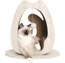 Katze in einem Katzenhaus mit Spielzeug