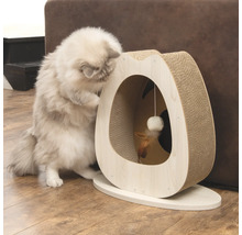 Katze spielt mit einem Kratzbaum mit Spielzeug