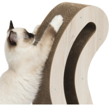 Katze kratzt an Kratzbaum aus Pappe mit Holzrahmen