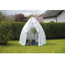 Gartenszene mit einem Folientunnel auf einer Rasenfläche