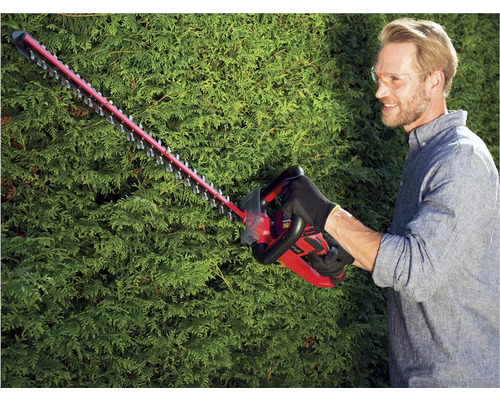 Mann schneidet Hecke mit einer Akku-Heckenschere