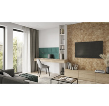 Wohnzimmer mit Schreibtisch, Stuhl, Regal und Fernseher an der Wand mit Holzverkleidung.