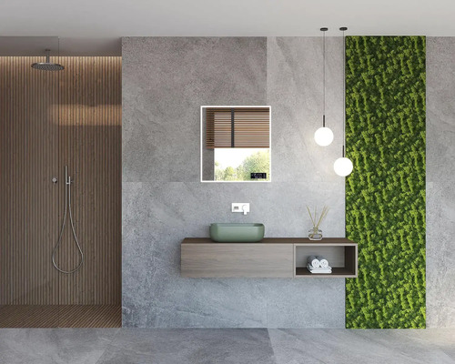 Modernes Badezimmer mit Dusche, Waschbecken, Spiegel und Wandgestaltung.