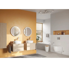 Badezimmer mit Waschtischen, runden Spiegeln, Toilette und Badewanne