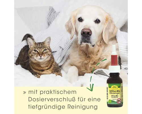 Katze und Hund liegen neben einer Flasche Milben Ex Ohrenreiniger für Tiere