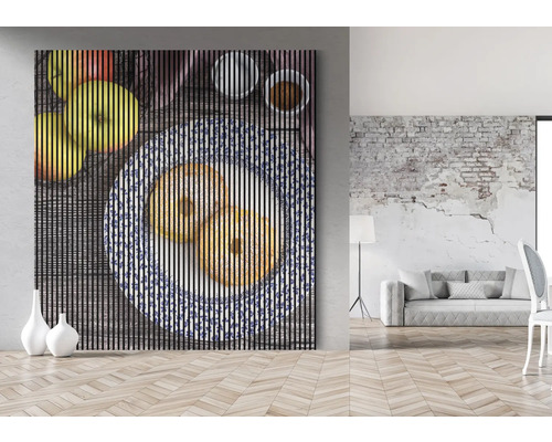 Lamellenbild mit Obst und Gebäck auf einem Tisch