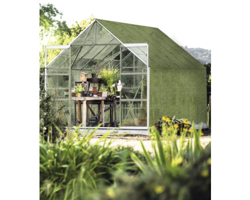 Gewächshaus mit offenstehender Tür und Pflanzen auf einem Tisch