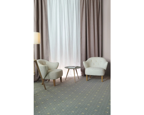 Wohnzimmer mit zwei Sesseln, kleinem Tisch und Teppich