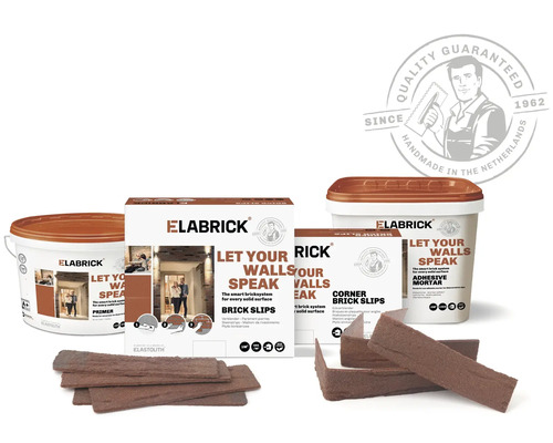 Elabrick Produktsortiment mit Riemchen, Eckriemchen, Primer und Klebemörtel