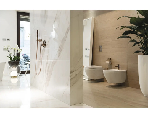 Badezimmerausstellung mit Dusche, Toilette und Bidet