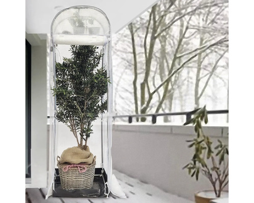 Pflanzüberwinterungshaube mit Pflanze auf einem Balkon im Winter