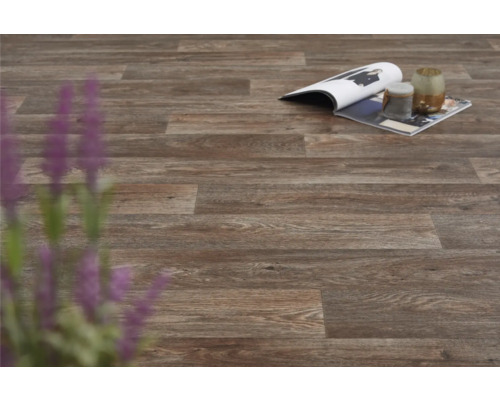 Brauner Holzboden mit Zeitschrift und Dekoration