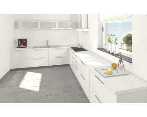 Helle Küche mit Einbauschränken, Spüle, Kochfeld und Dunstabzugshaube.