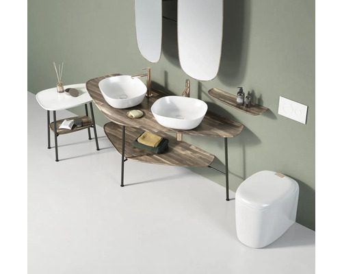 Modernes Badezimmer mit Waschtisch, zwei Waschbecken, zwei Spiegeln, Toilette und Ablagetisch