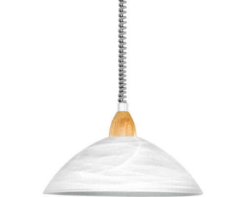 Hängelampe mit spiralförmigem Kabel, Holz und Glasschirm