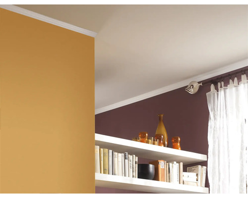 Innenraumszene mit Deckenleiste, Bücherregal und Vorhang