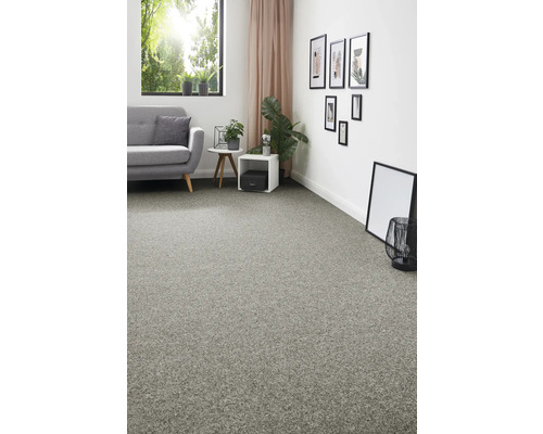 Wohnzimmer mit grauem Teppichboden, Sofa und Dekorationen