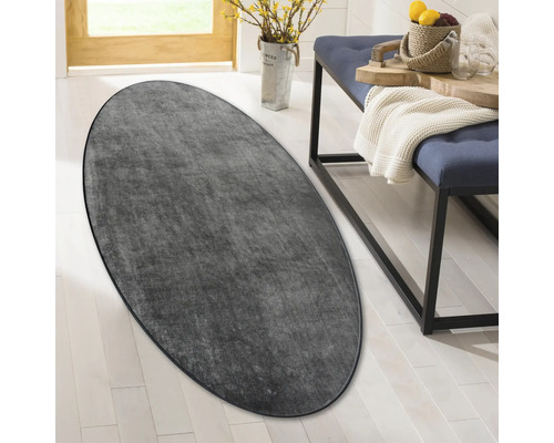 Ovaler, grauer Teppich im Eingangsbereich.