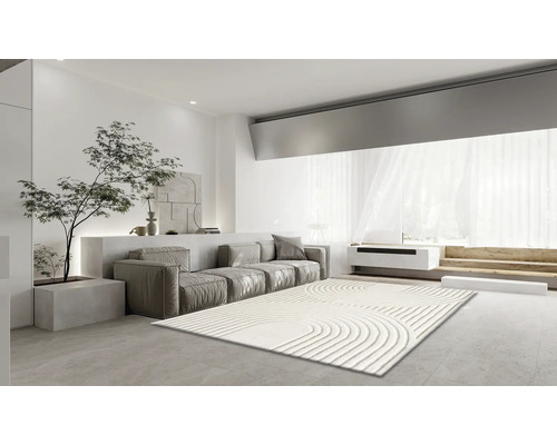 Wohnzimmer mit Sofa, Pflanze und Teppich mit geometrischen Mustern