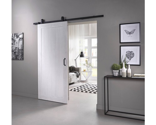 Schiebetür aus Holz mit schwarzer Laufschiene in einem Wohnraum