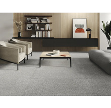 Wohnzimmer mit Terrazzoboden, Sesseln, Couchtisch und Regalen