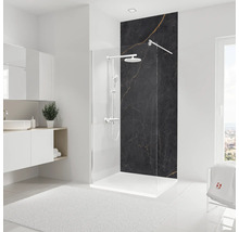 Modernes Badezimmer mit Duschkabine, Waschbecken und weißem Teppich