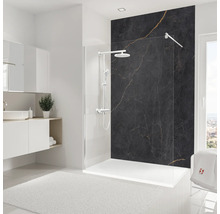 Modernes Badezimmer mit Walk-In Dusche, Waschtisch und schwarzer Marmorwand