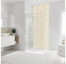 Helles Badezimmer mit Dusche, Waschbecken und weißem Teppich