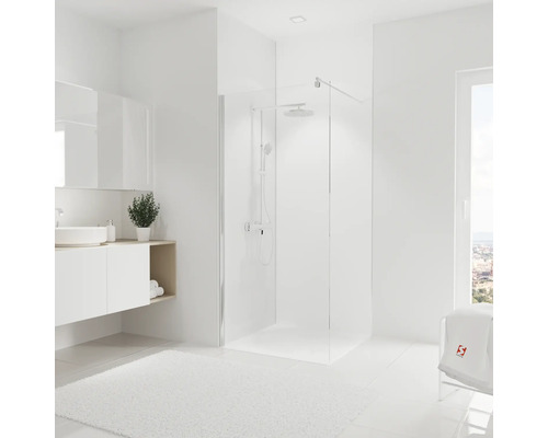 Duschrückwand-Set Schulte Decodesign 2550x900x3 mm Unifarbe weiß Helles Badezimmer mit Dusche, Waschbecken und Spiegel