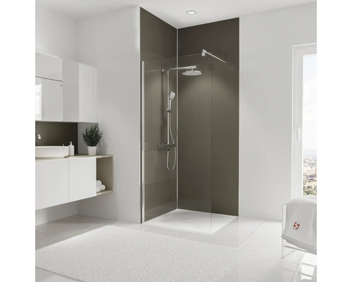 Duschrückwand-Set Schulte Decodesign 2550x900x3 mm Unifarbe Taupe Badezimmer mit Dusche, Waschtisch und Spiegel